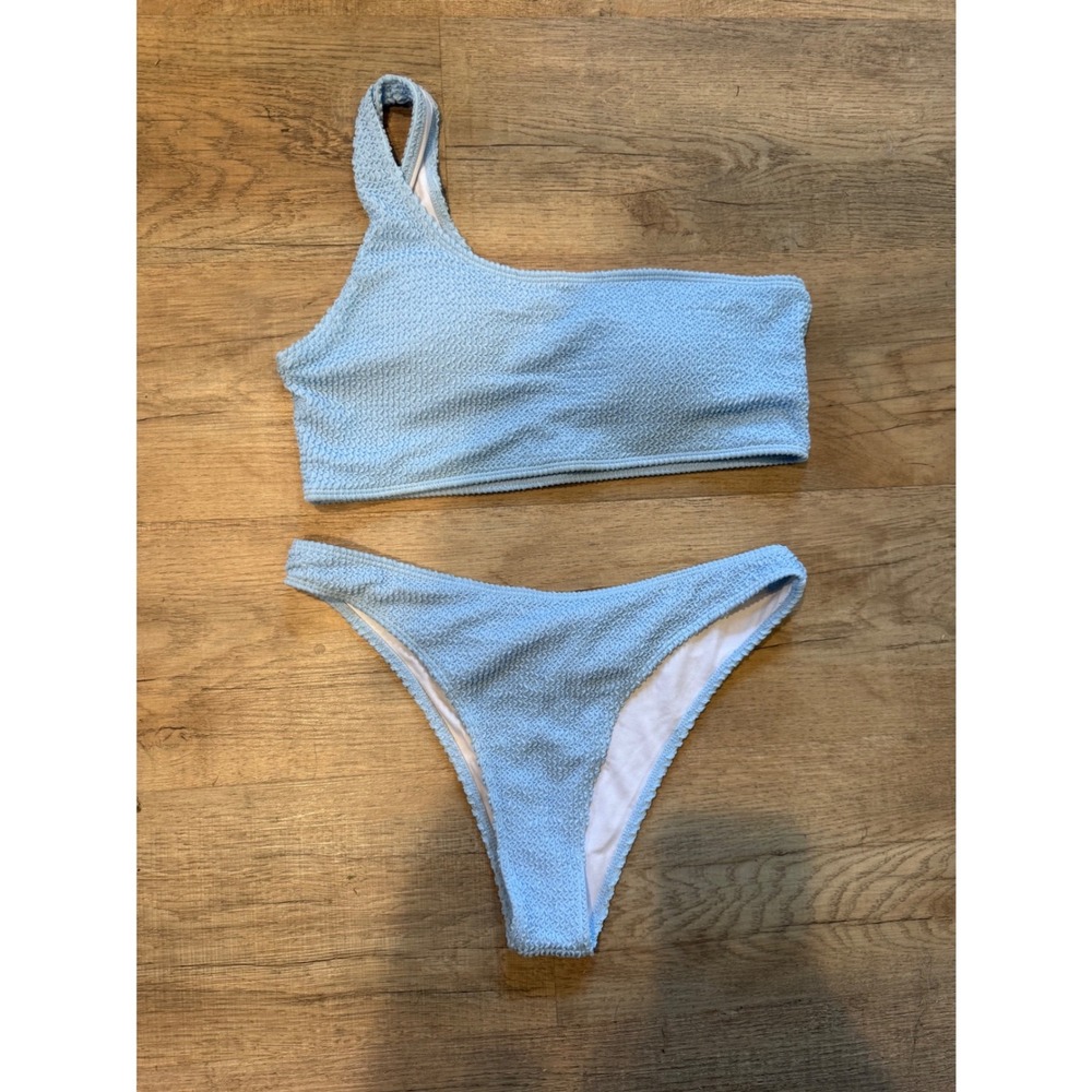 Light Blue One Shoulder Smocked Bikini Set High Cut Two Piece Swimsuit L